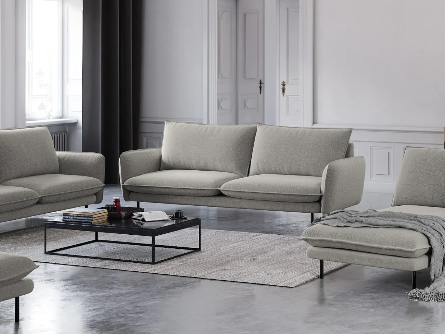Cosmopolitan Design - Sofá "Vienna" 3 lugares em tecido estrutural cinza claro - 200x92x95cm