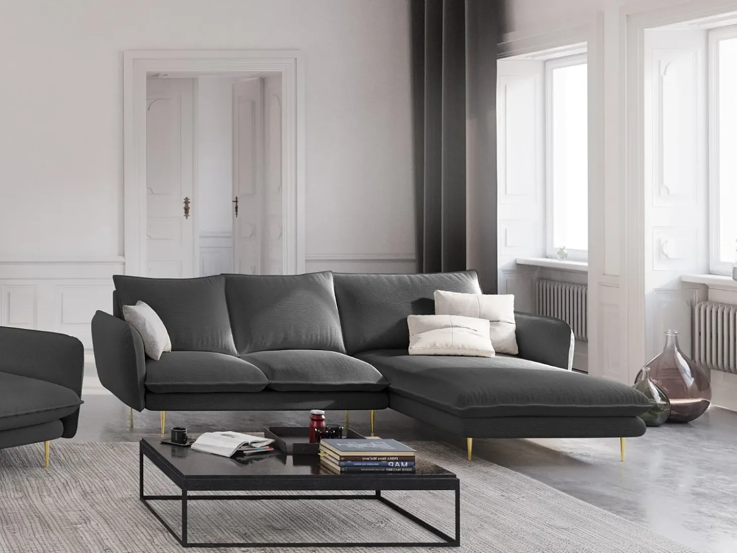 Cosmopolitan Design - Sofá de canto direito "Vienna" 5 lugares em tecido estrutural cinza escuro - 255x170x95cm