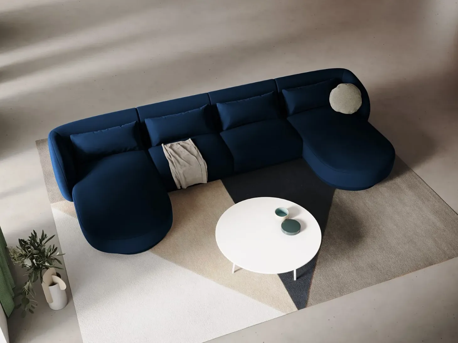 Cosmopolitan Design - Sofá panorâmico "Tulum" 5 lugares em veludo azul real - 330x156x70cm