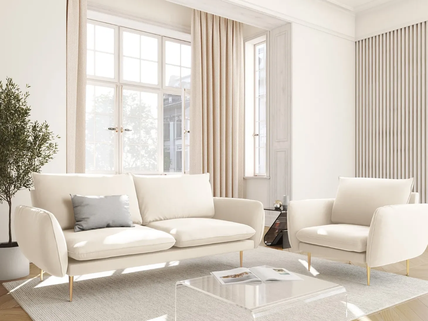 Cosmopolitan Design - Sofá "Vienna" 2 lugares em veludo bege claro - 160x92x95cm