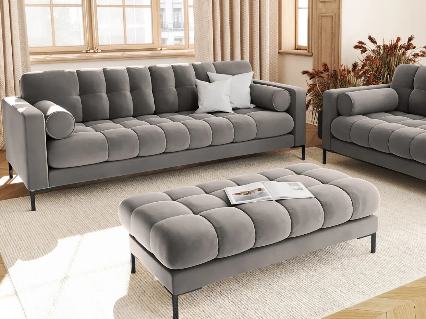 Cosmopolitan Design - Sofá "Bali" 4 lugares em veludo cinza claro - 217x92x75cm