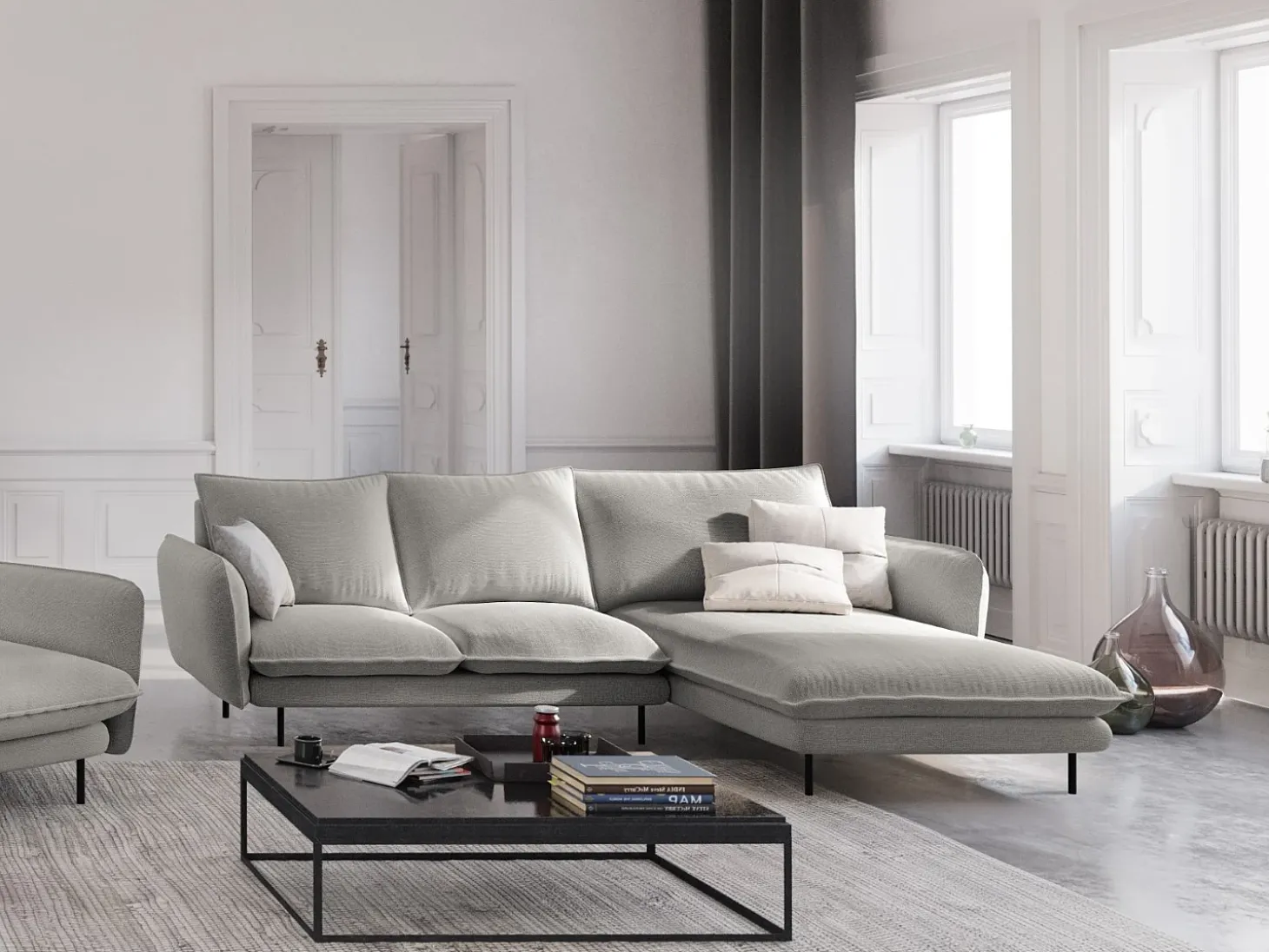 Cosmopolitan Design - Sofá de canto direito "Vienna" 5 lugares em tecido estrutural cinza claro - 255x170x95cm
