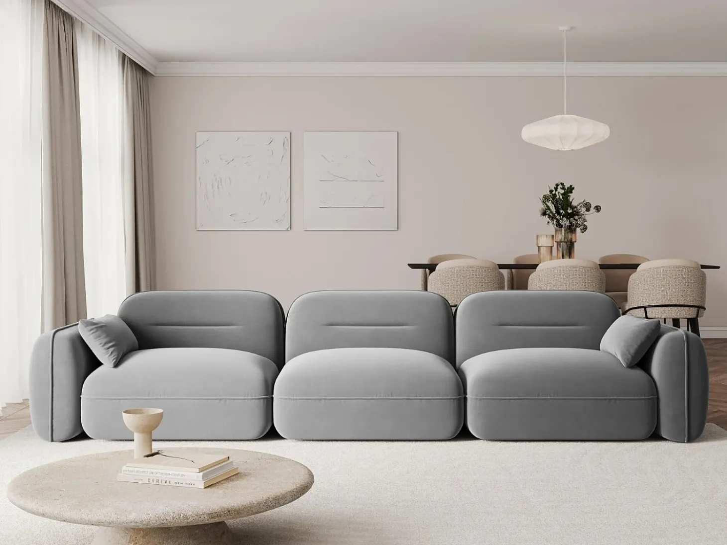Cosmopolitan Design - Sofá modular "Sydney" 4 lugares em veludo cinza claro - 320x90x70cm