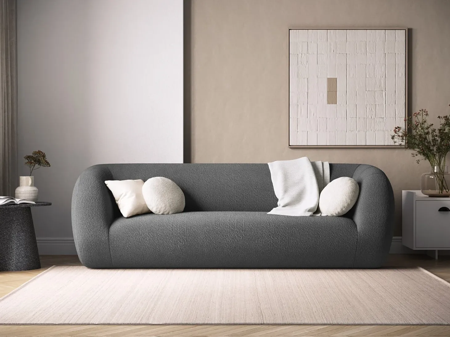 Cosmopolitan Design - Sofá "Essen" 3 lugares em tecido bouclé cinza escuro - 230x95x86cm