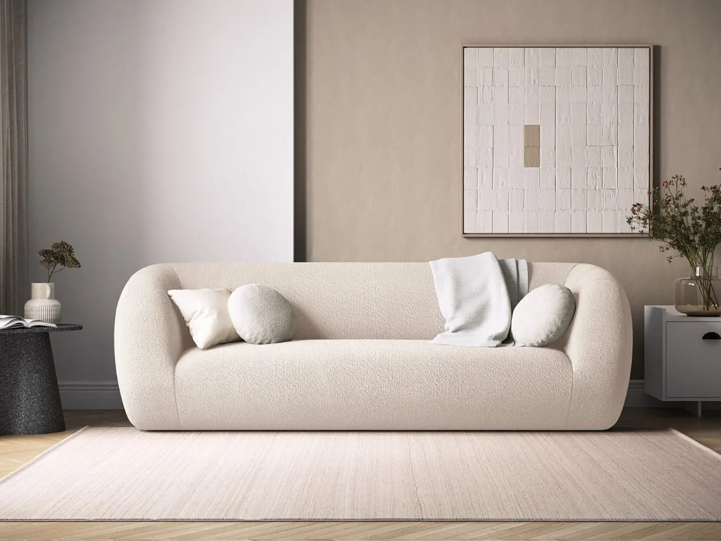 Cosmopolitan Design - Sofá "Essen" 3 lugares em tecido bouclé bege - 230x95x86cm