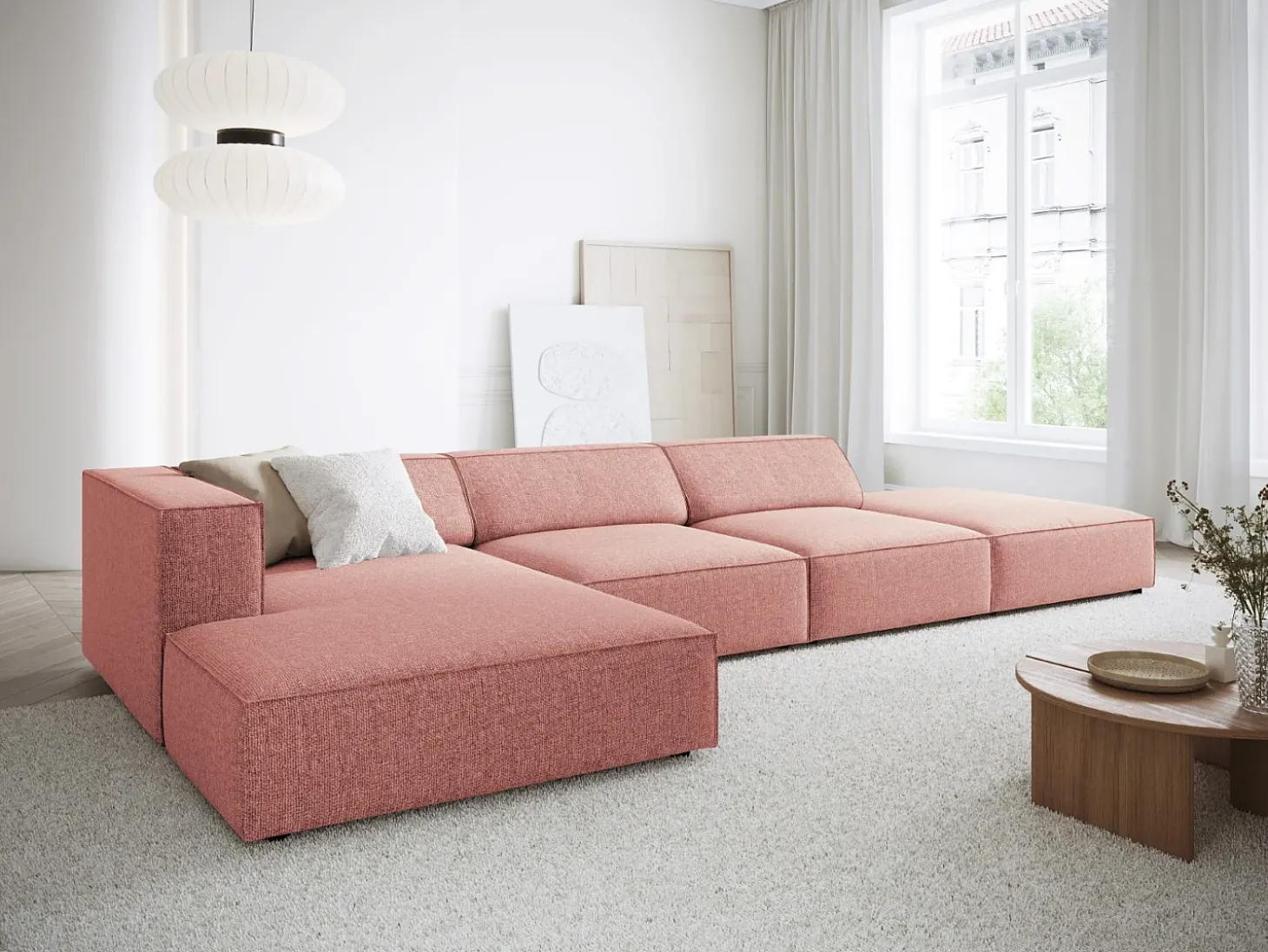 Cosmopolitan Design - Sofá de canto esquerdo "Arendal" 5 lugares em tecido chenille rosa - 341x166x70cm
