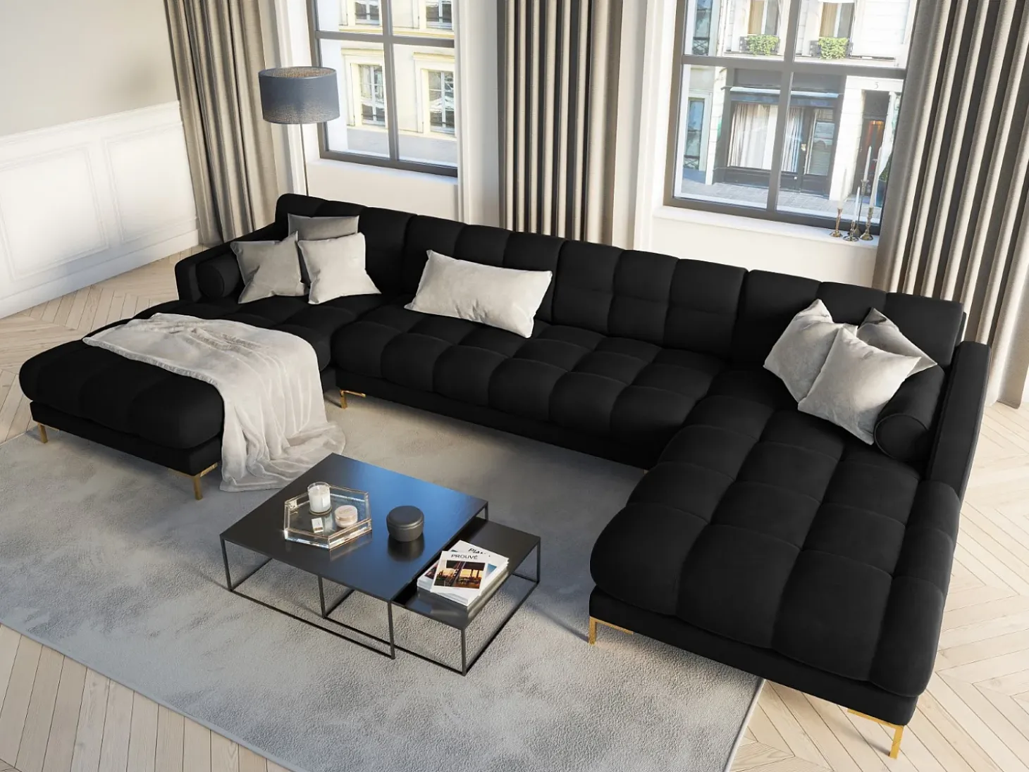 Cosmopolitan Design - Sofá panorâmico "Bali" 7 lugares em veludo preto - 383x185x75cm
