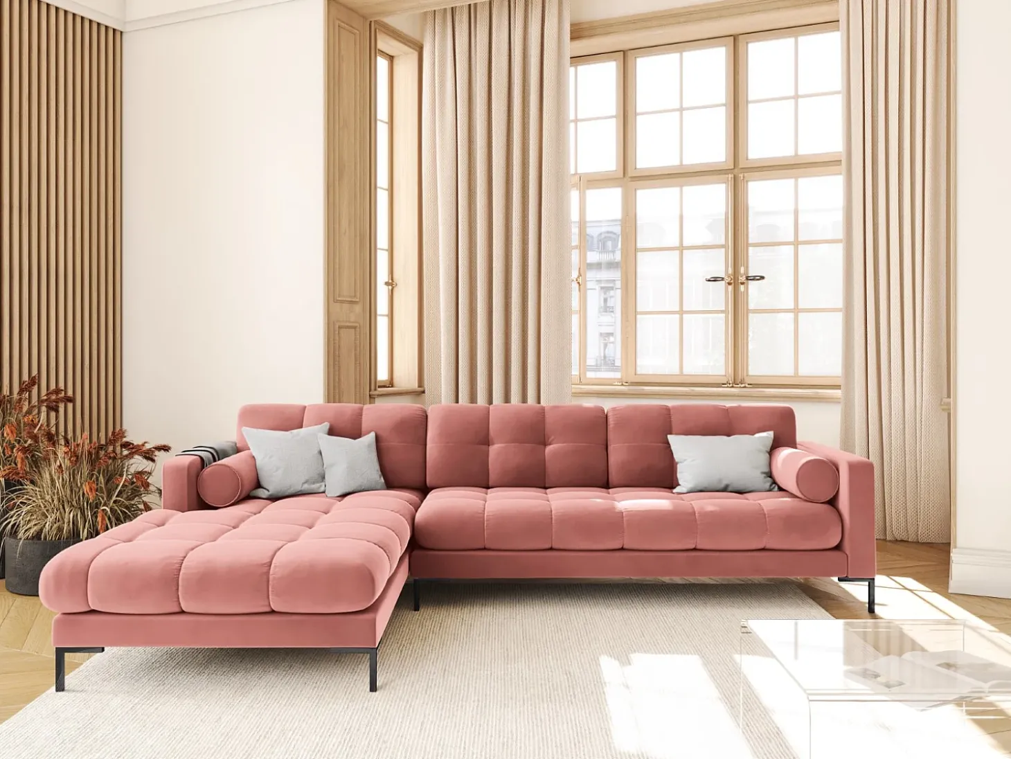Cosmopolitan Design - Sofá de canto esquerdo "Bali" 5 lugares em veludo rosa - 293x185x75cm