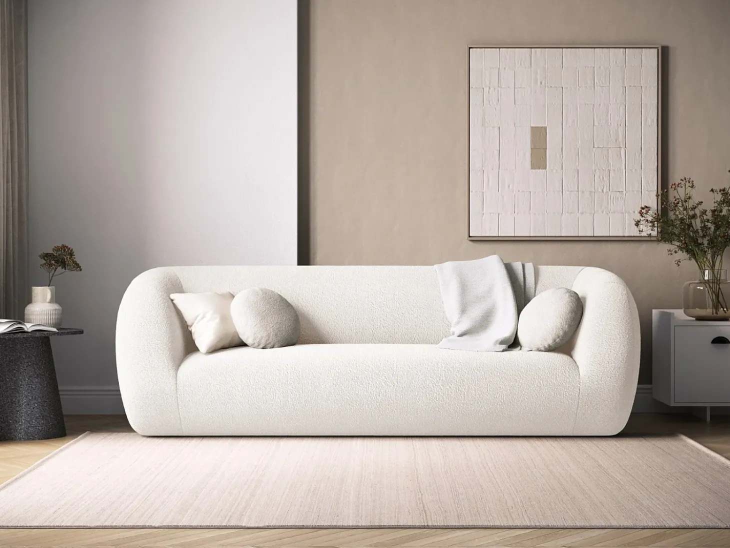 Cosmopolitan Design - Sofá "Essen" 3 lugares em tecido bouclé branco - 230x95x86cm