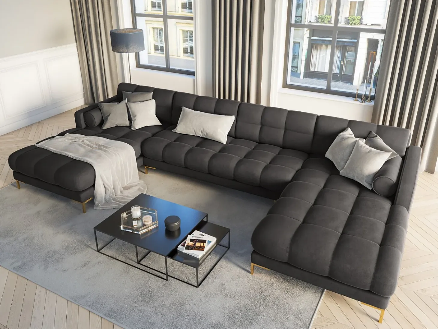 Cosmopolitan Design - Sofá panorâmico "Bali" 7 lugares em veludo cinza escuro - 383x185x75cm