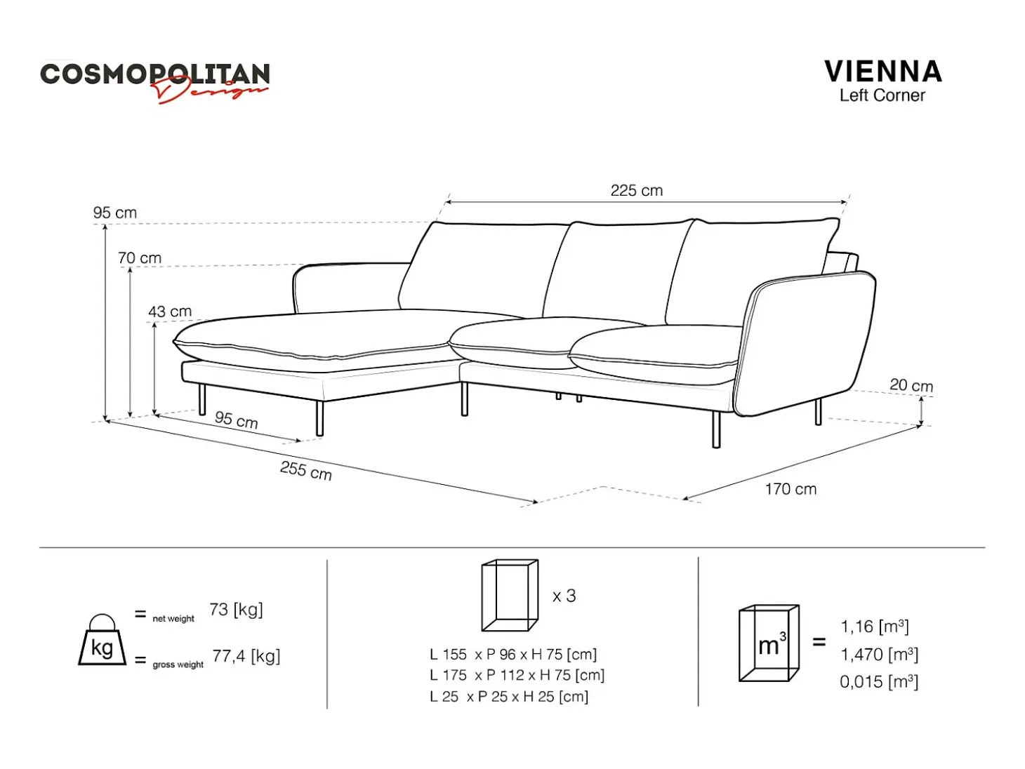 Cosmopolitan Design - Sofá de canto esquerdo "Vienna" 5 lugares em veludo cinza escuro - 255x170x95cm