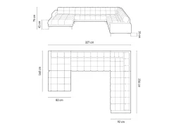 Cosmopolitan Design - Sofá de canto direito panorâmico "Bali" 7 lugares em veludo cinza claro - 327x256x75cm