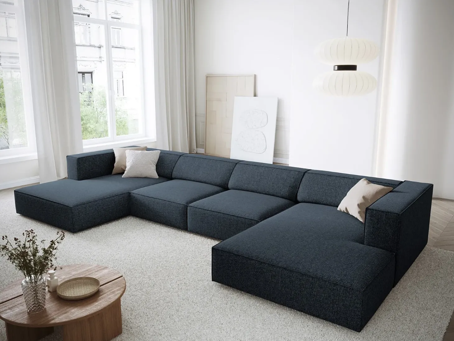 Cosmopolitan Design - Sofá panorâmico "Arendal" 6 lugares em tecido chenille azul real - 364x166x70cm