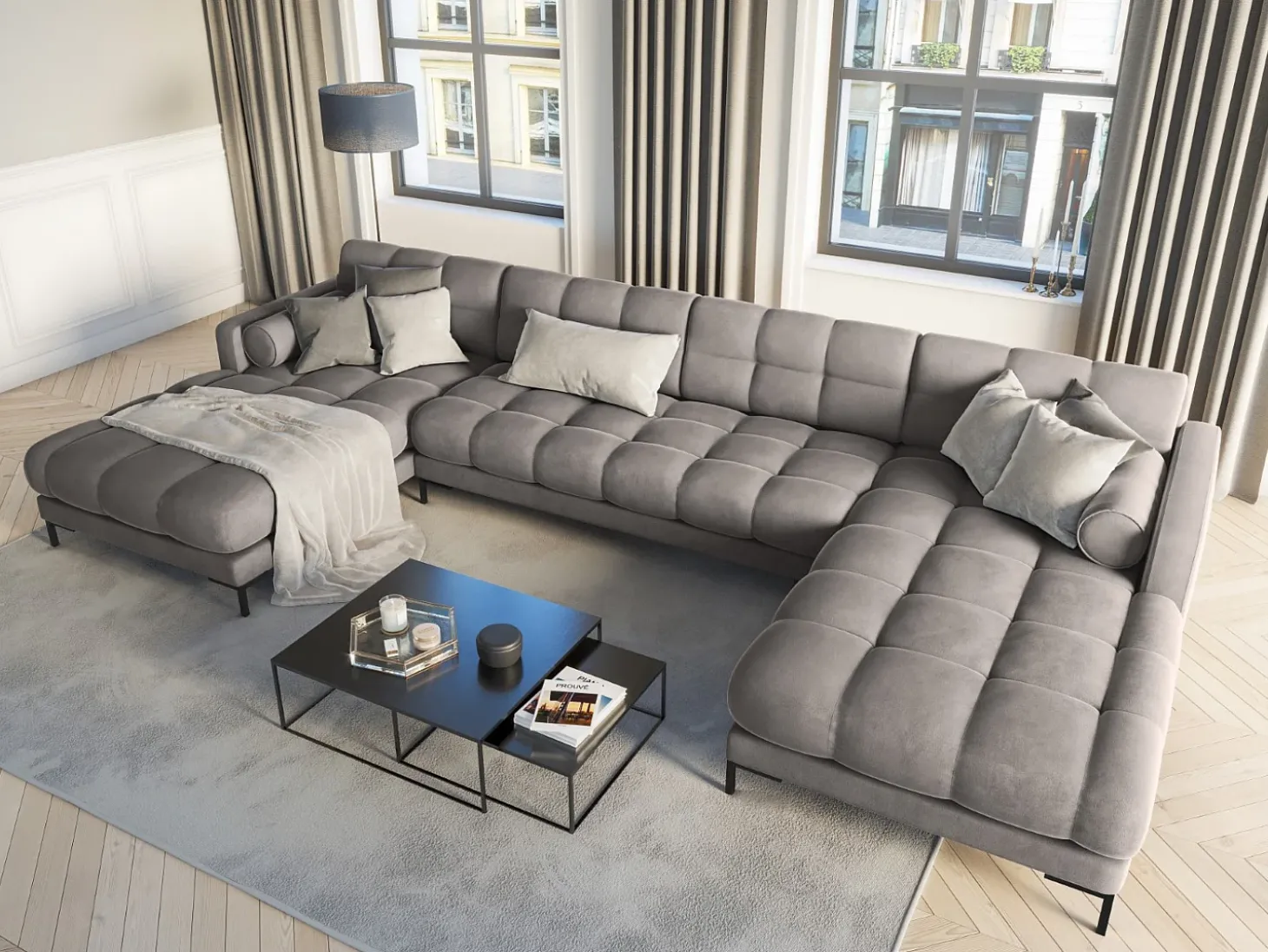 Cosmopolitan Design - Sofá panorâmico "Bali" 7 lugares em veludo cinza claro - 383x185x75cm