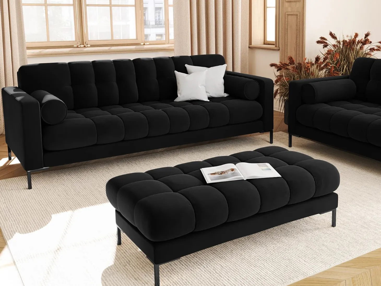Cosmopolitan Design - Sofá "Bali" 4 lugares em veludo preto - 217x92x75cm