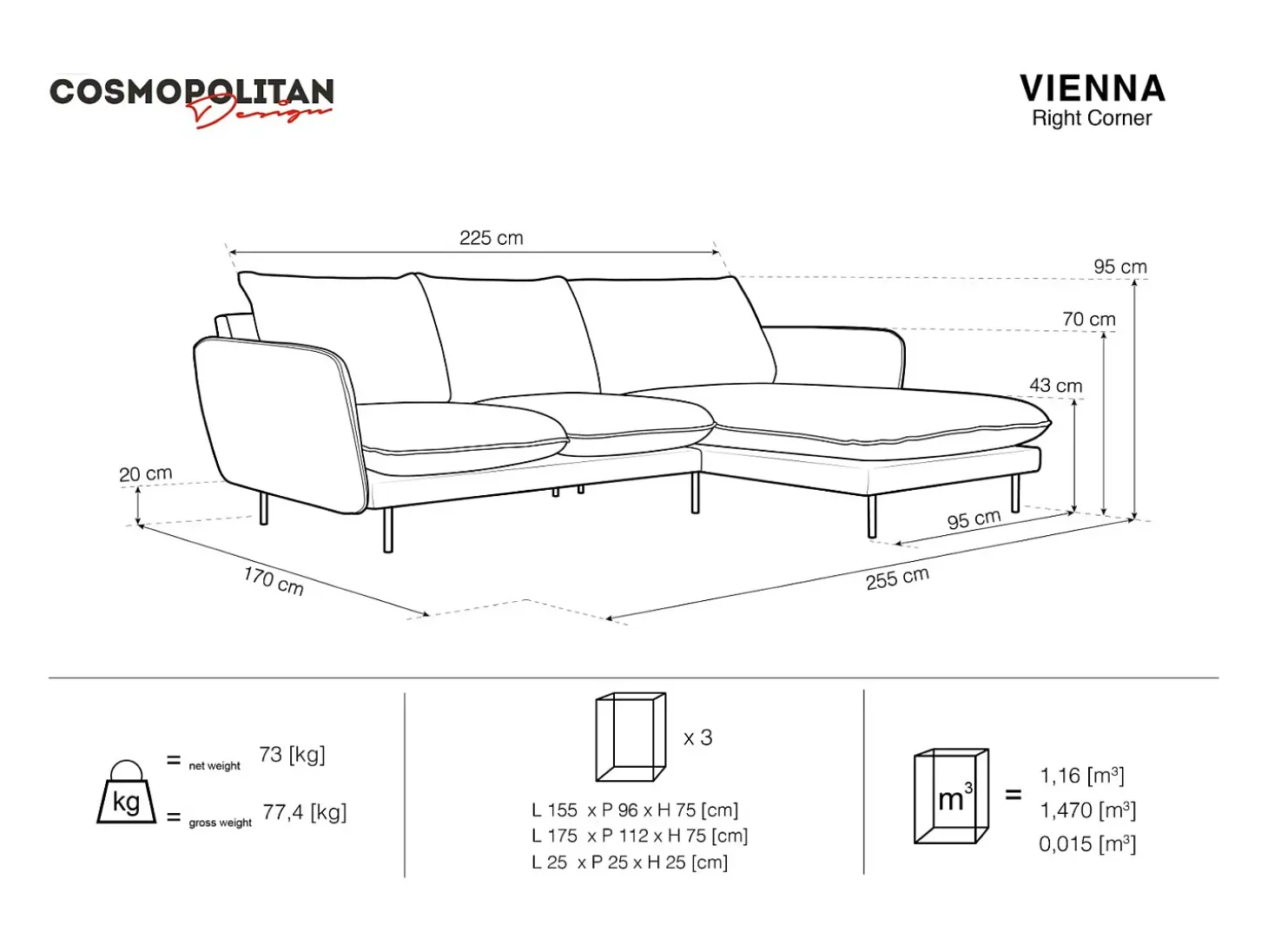 Cosmopolitan Design - Sofá de canto direito "Vienna" 5 lugares em tecido estrutural cinza claro - 255x170x95cm