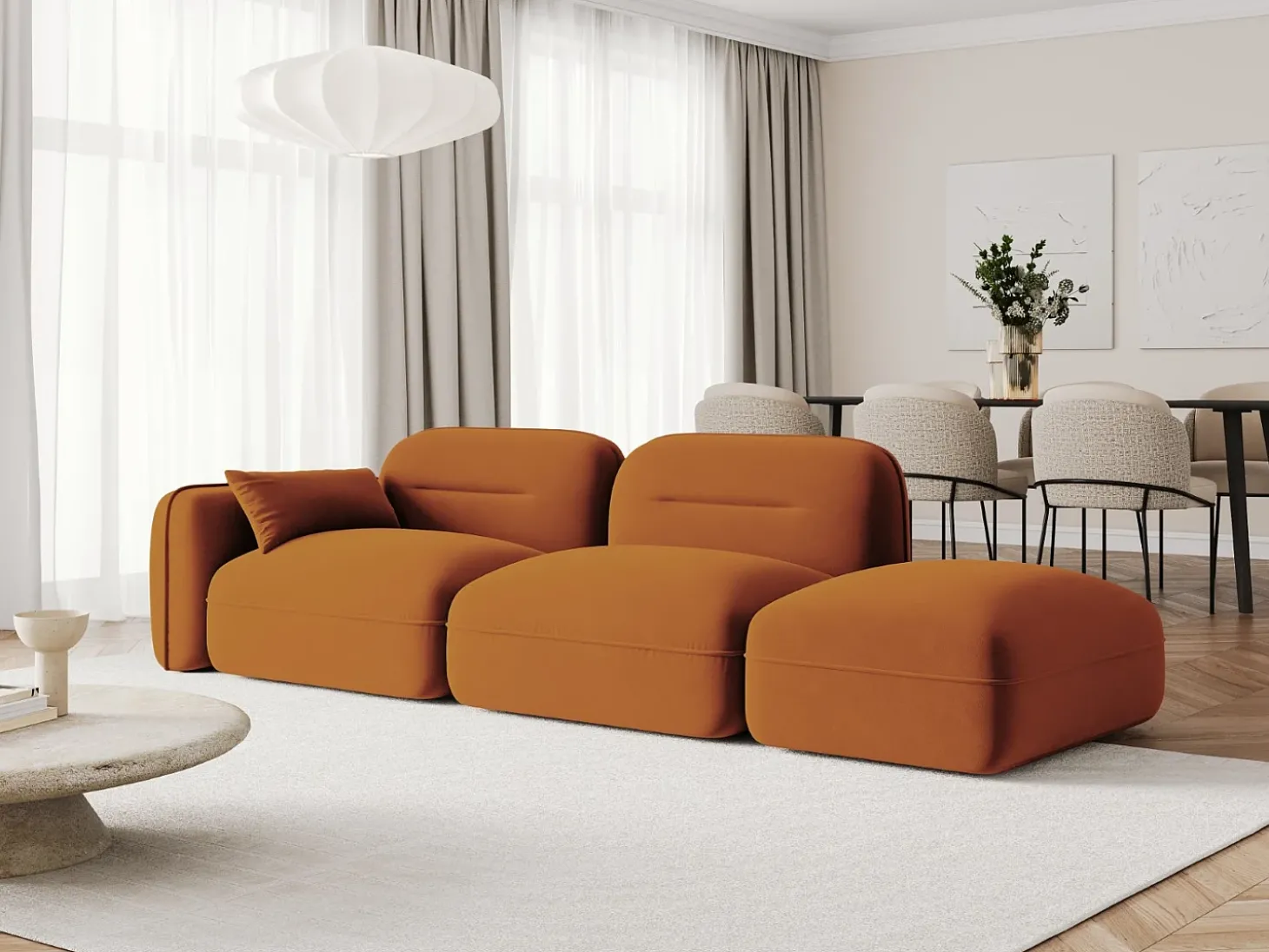 Cosmopolitan Design - Sofá modular direito "Sydney" 3 lugares em veludo terracota - 295x90x70cm
