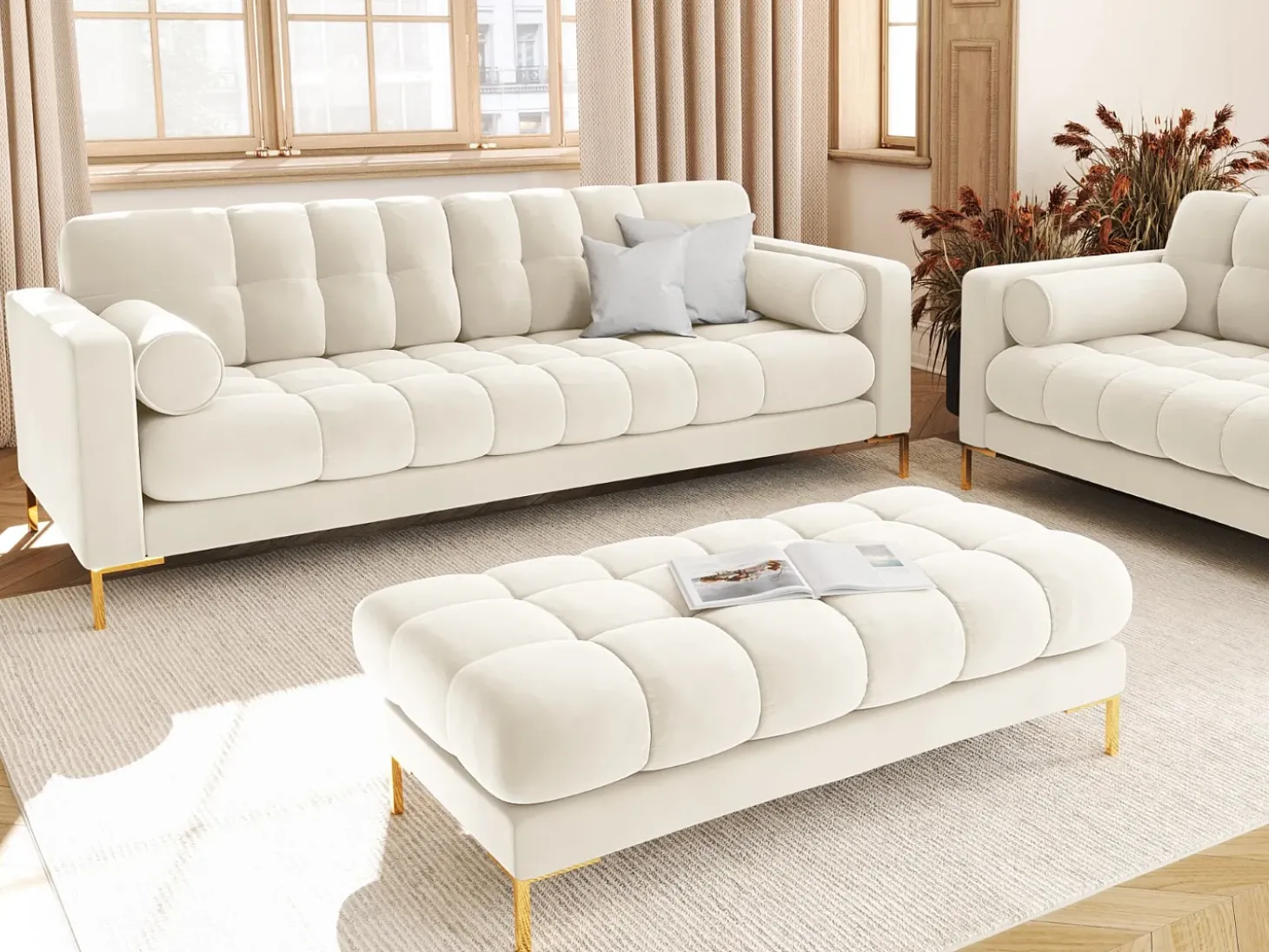Cosmopolitan Design - Sofá "Bali" 3 lugares em veludo bege claro - 177x92x75cm