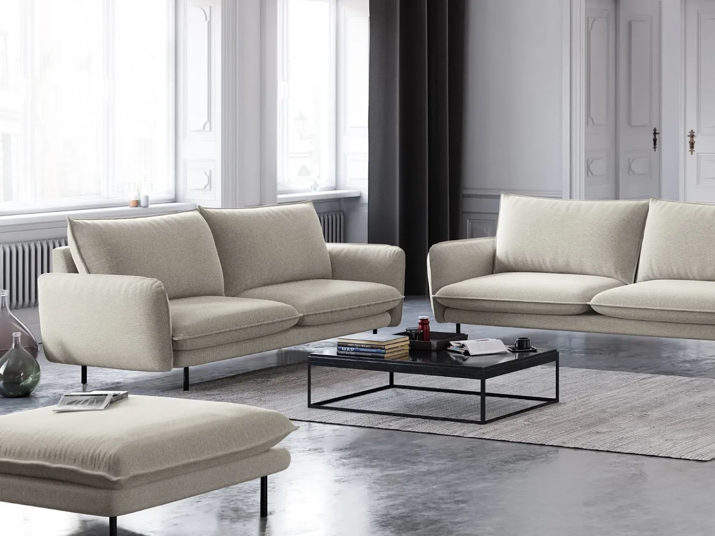 Cosmopolitan Design - Sofá "Vienna" 2 lugares em tecido estrutural bege claro - 160x92x95cm