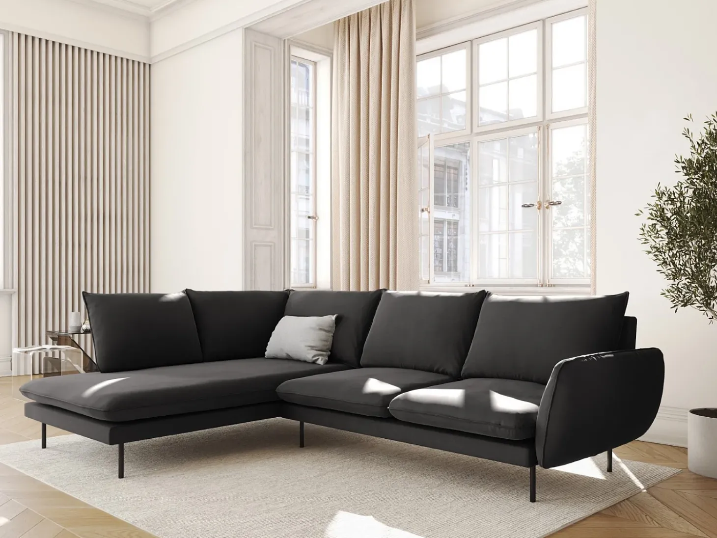 Cosmopolitan Design - Sofá de canto esquerdo "Vienna" 6 lugares em veludo cinza escuro - 275x185x95cm