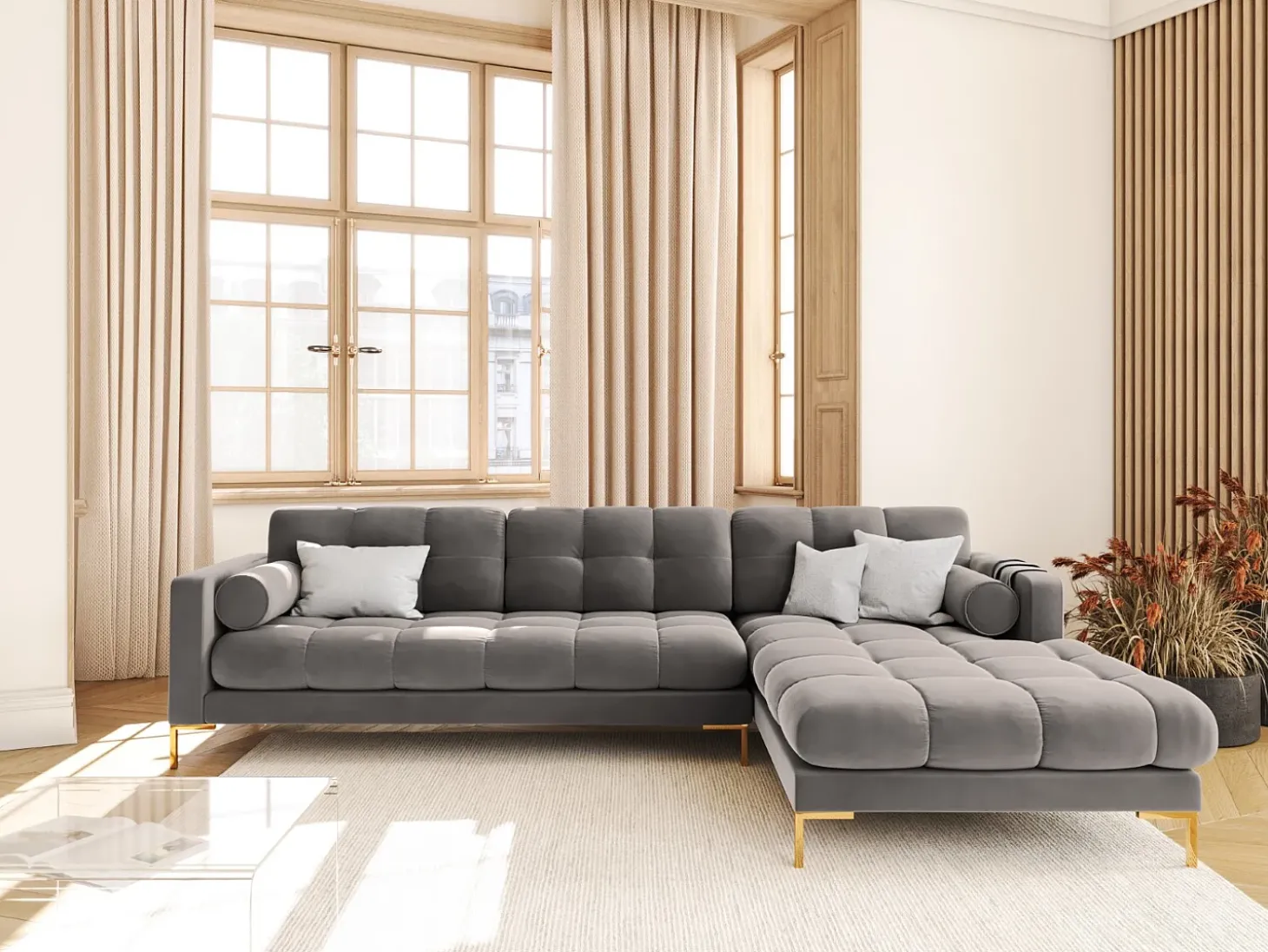 Cosmopolitan Design - Sofá de canto direito "Bali" 5 lugares em veludo cinza claro - 293x185x75cm