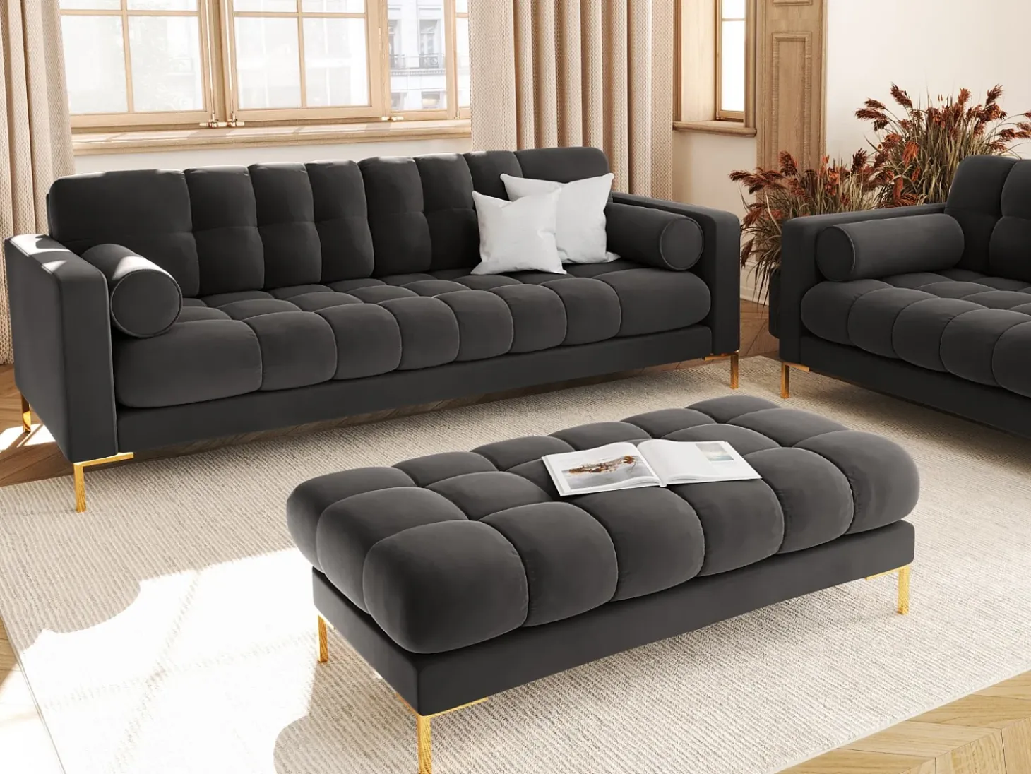 Cosmopolitan Design - Sofá "Bali" 4 lugares em veludo cinza escuro - 217x92x75cm