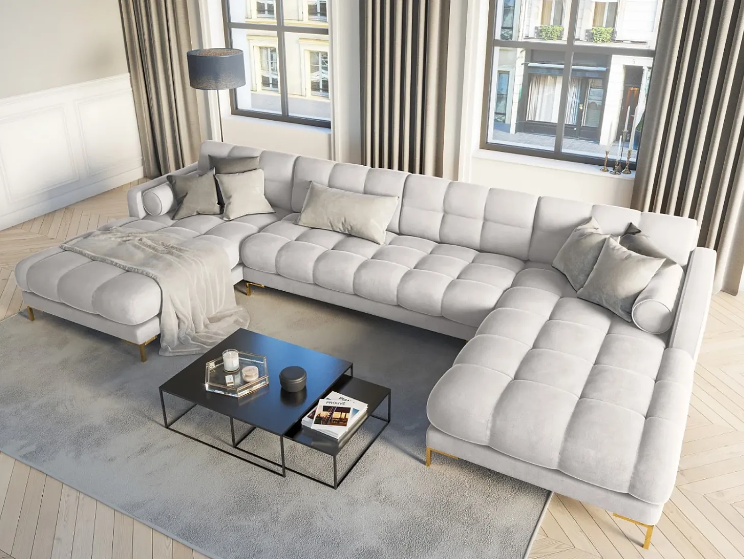 Cosmopolitan Design - Sofá panorâmico "Bali" 7 lugares em veludo prata - 383x185x75cm
