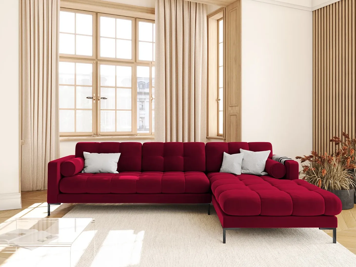 Cosmopolitan Design - Sofá de canto direito "Bali" 5 lugares em veludo vermelho - 293x185x75cm