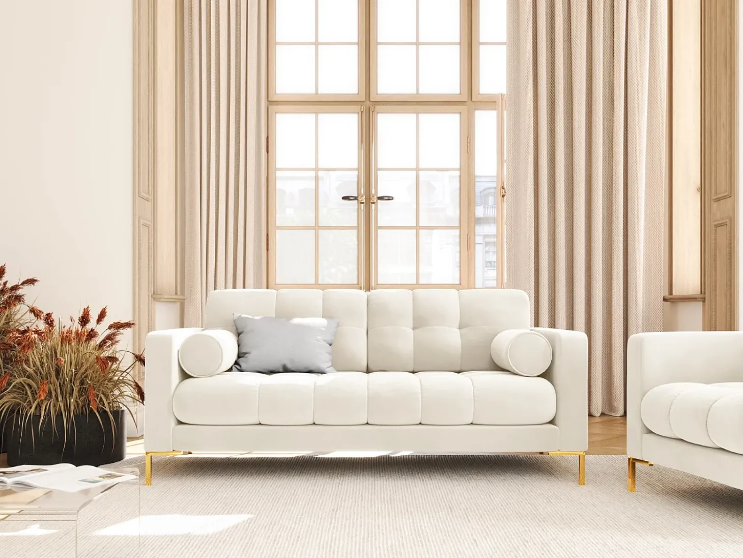 Cosmopolitan Design - Sofá "Bali" 2 lugares em veludo bege claro - 152x92x75cm