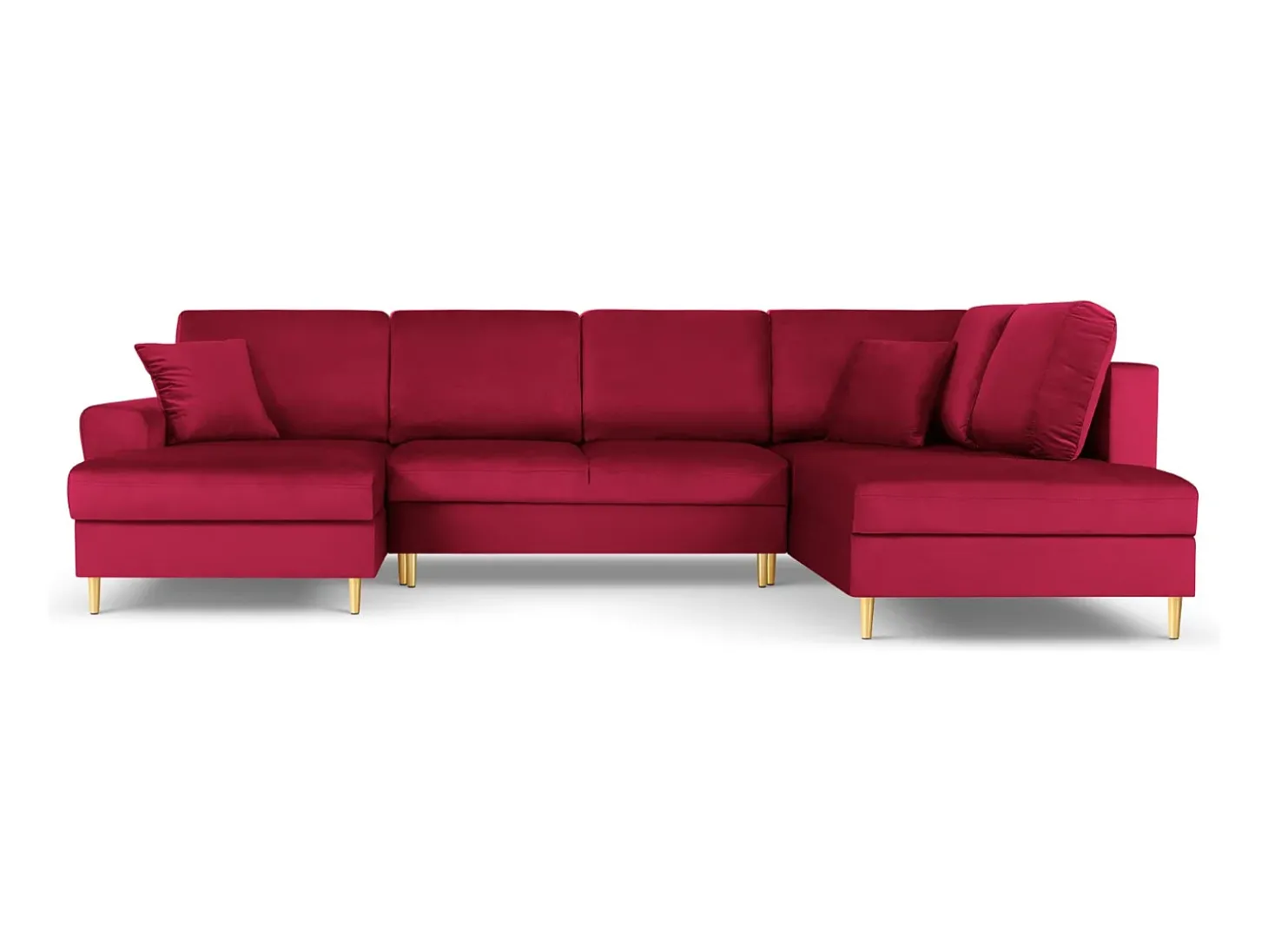 Cosmopolitan Design - Sofá panorâmico convertível em linha reta com caixa de arrumação "Kyoto" 7 lugares em veludo vermelho - 313x194x88cm