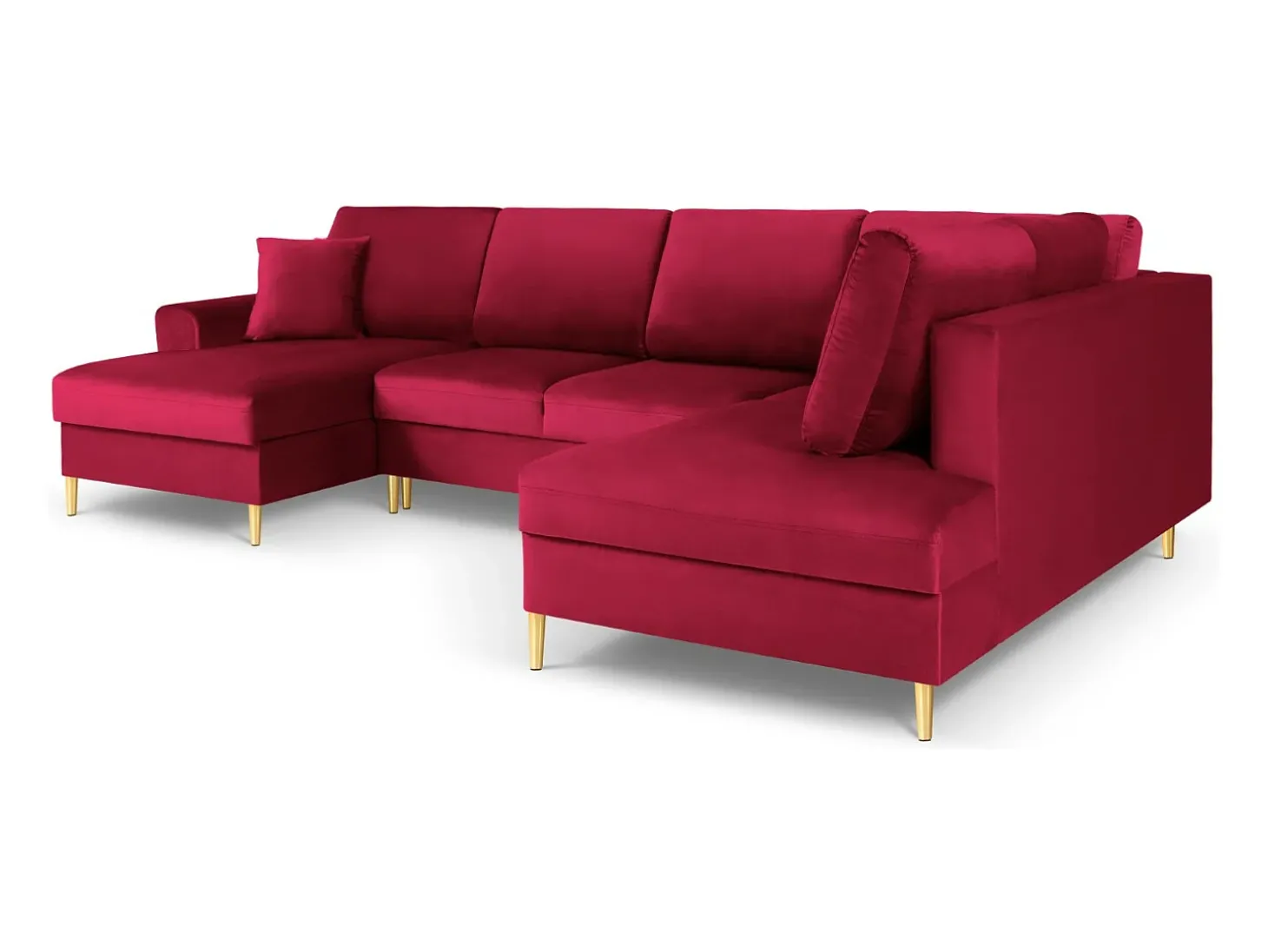 Cosmopolitan Design - Sofá panorâmico convertível em linha reta com caixa de arrumação "Kyoto" 7 lugares em veludo vermelho - 313x194x88cm