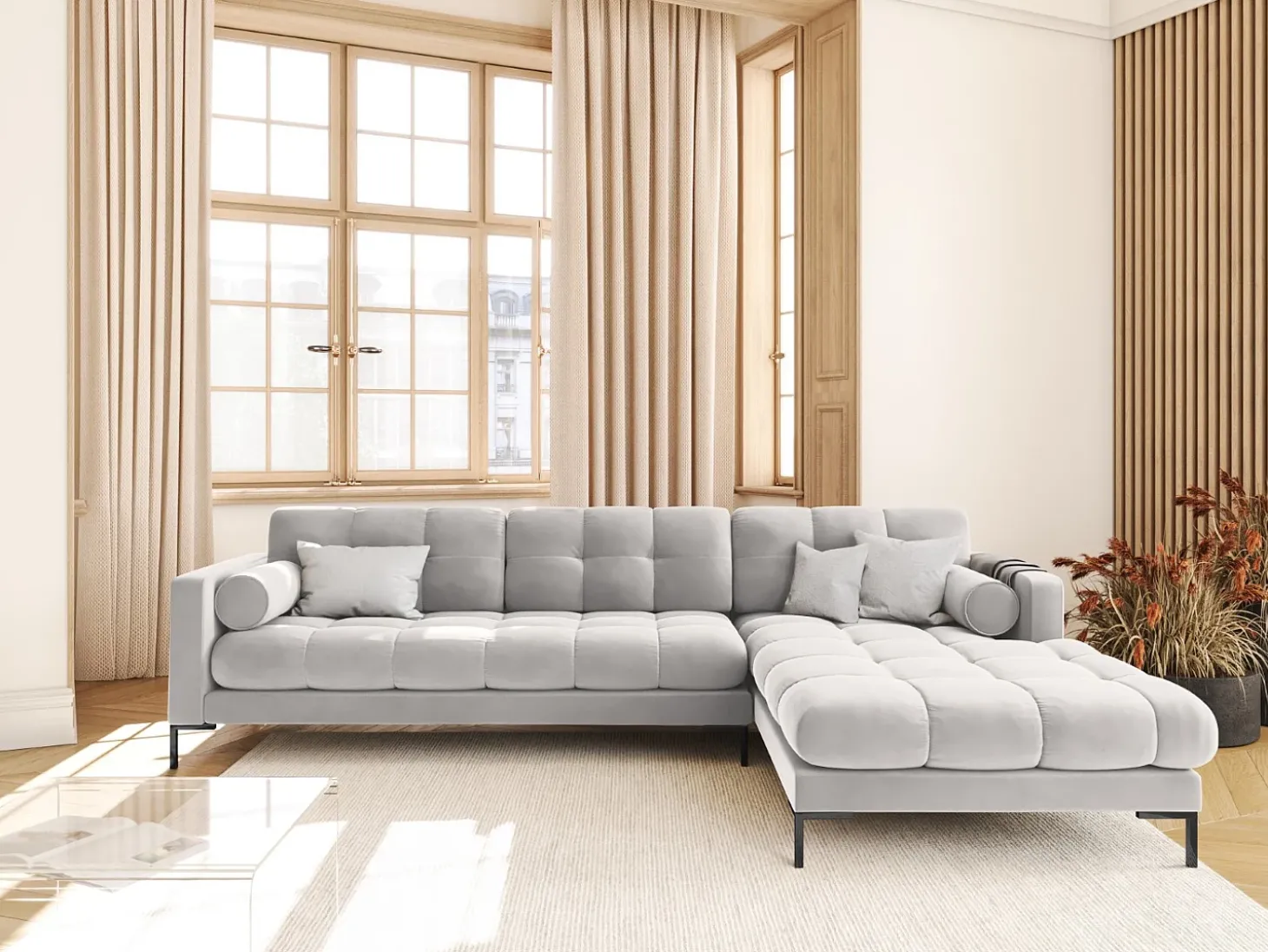 Cosmopolitan Design - Sofá de canto direito "Bali" 5 lugares em veludo prata - 293x185x75cm