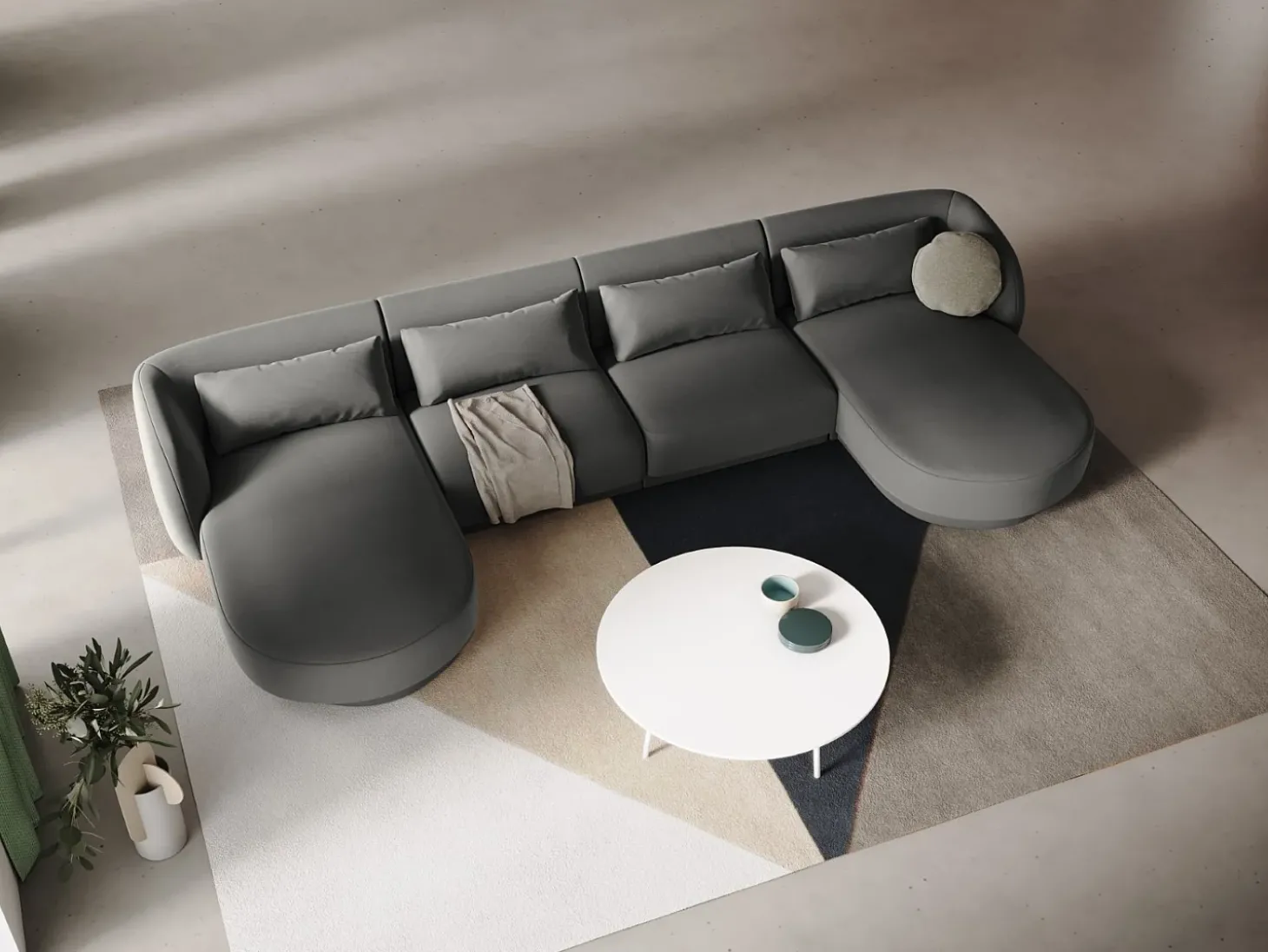 Cosmopolitan Design - Sofá panorâmico "Tulum" 5 lugares em veludo cinza claro - 330x156x70cm
