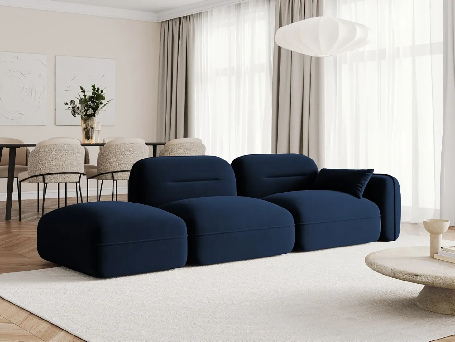Cosmopolitan Design - Sofá modular virado para a esquerda "Sydney" 3 lugares em veludo azul real - 295x90x70cm