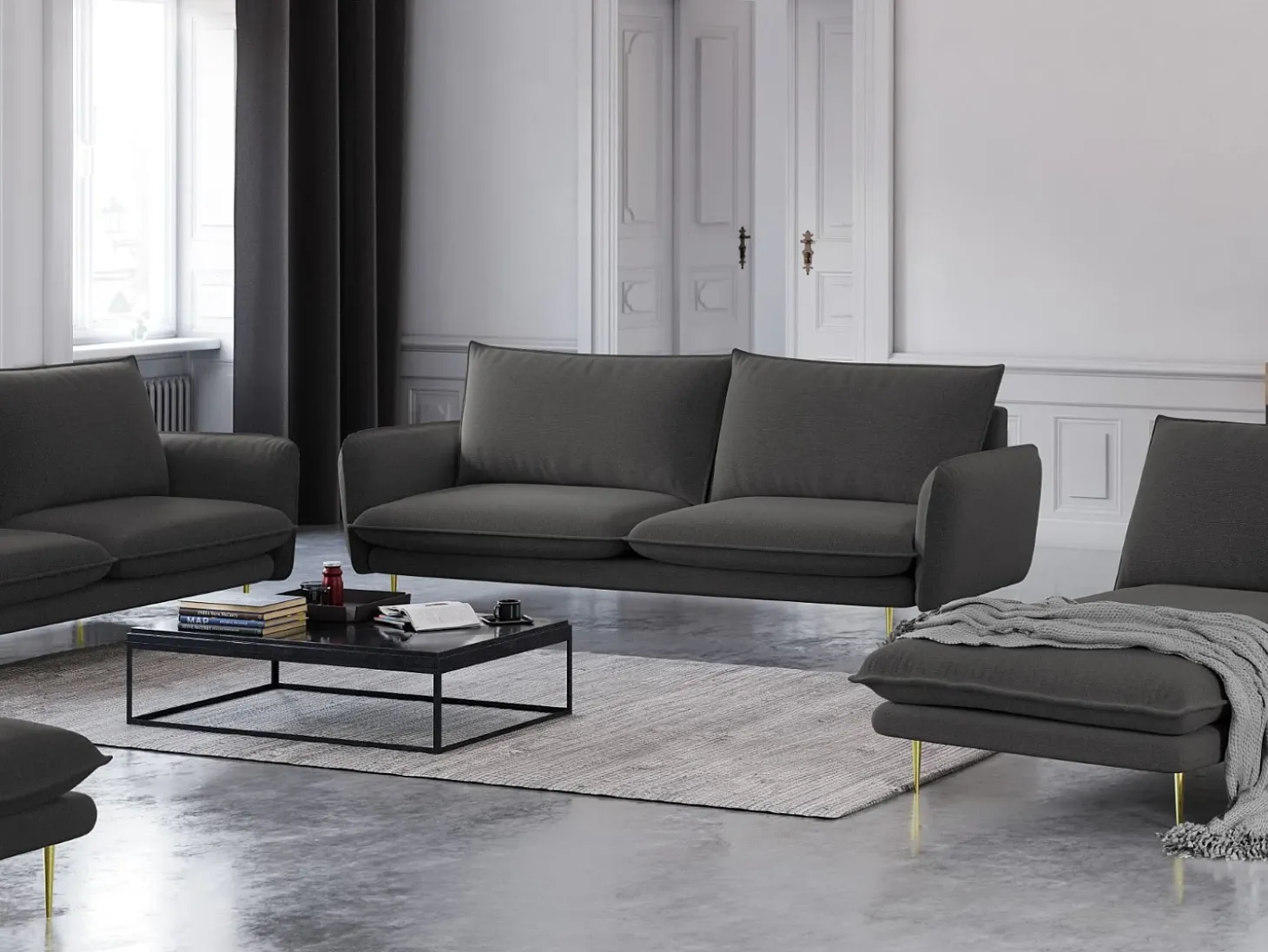Cosmopolitan Design - Sofá "Vienna" 3 lugares em tecido estrutural cinza escuro - 200x92x95cm