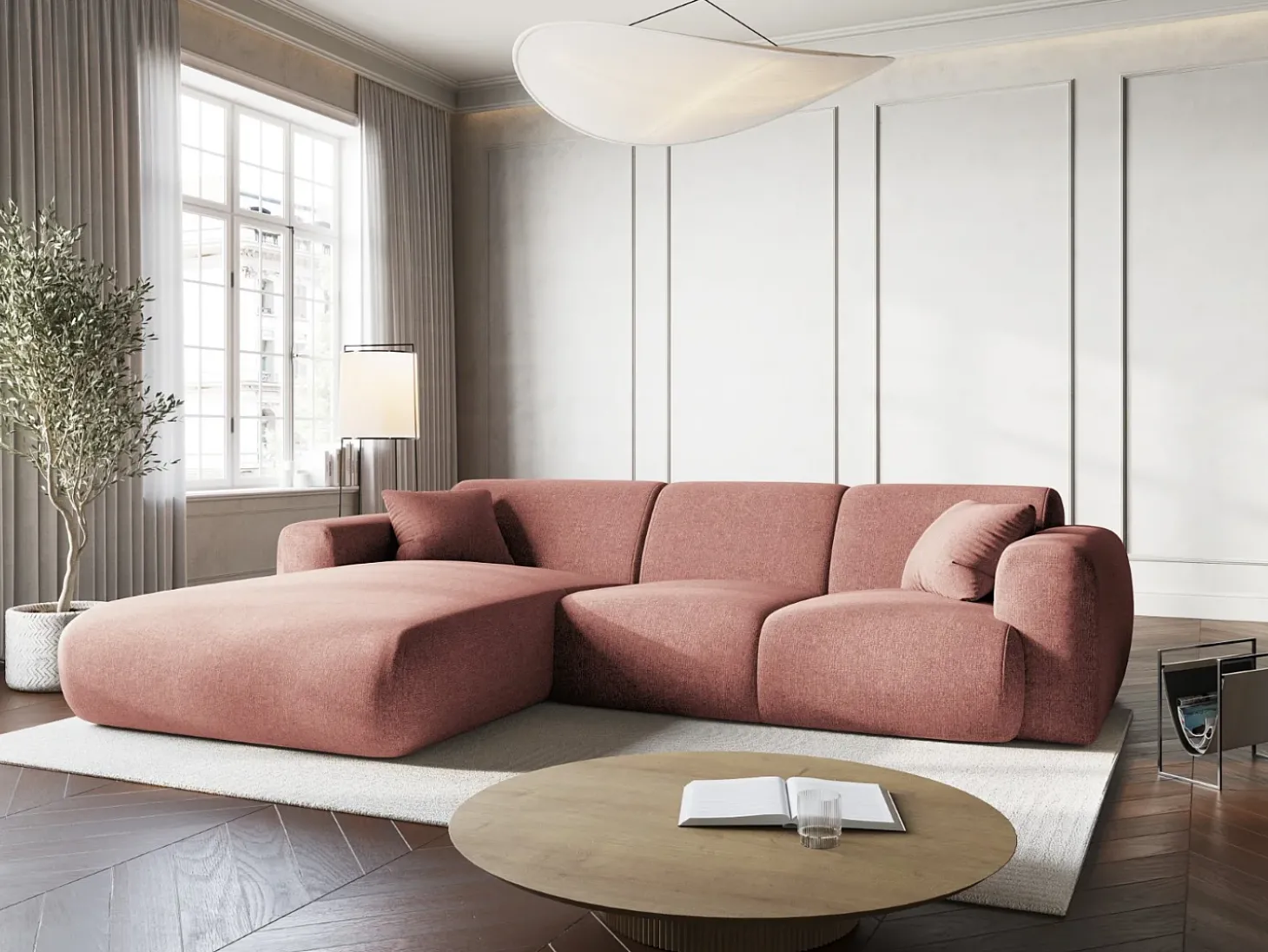 Cosmopolitan Design - Sofá de canto esquerdo "Nolio" 4 lugares em tecido chenille rosa - 260x170x72cm