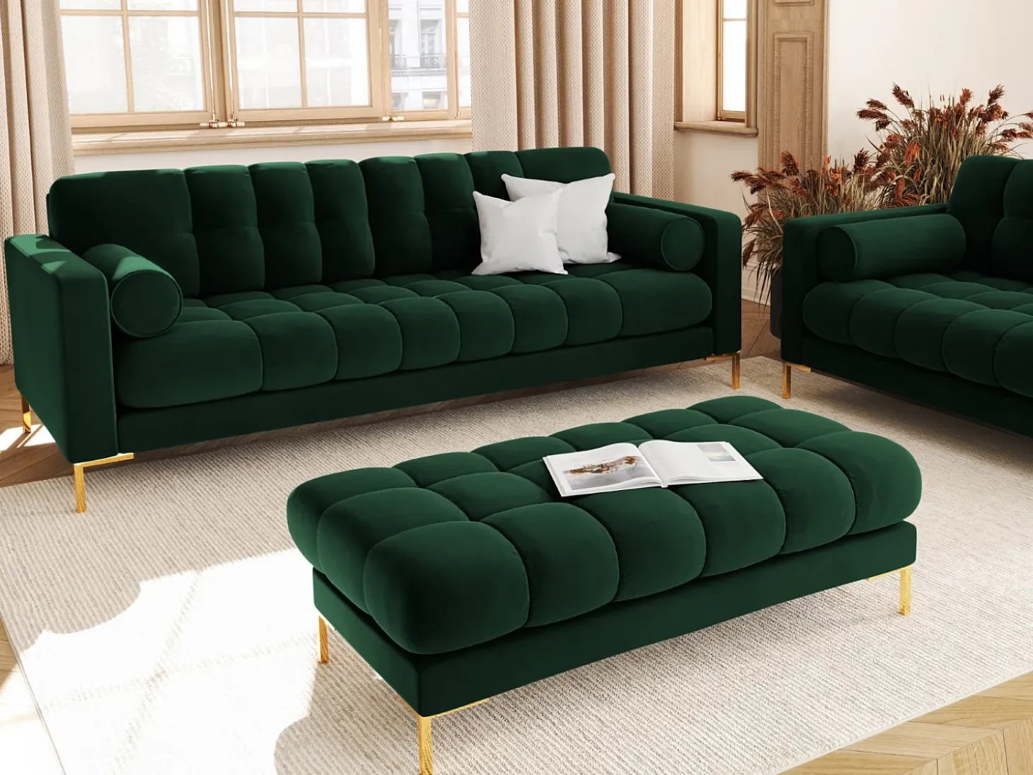Cosmopolitan Design - Sofá "Bali" 4 lugares em veludo verde garrafa - 217x92x75cm