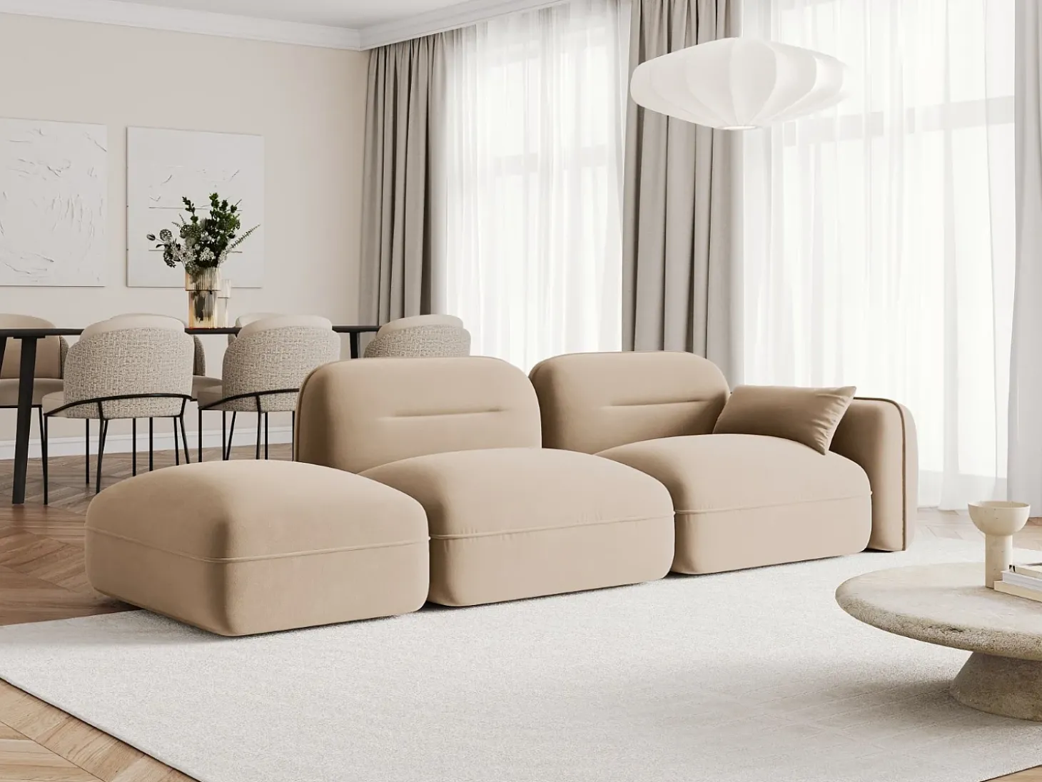 Cosmopolitan Design - Sofá modular virado para a esquerda "Sydney" 3 lugares em veludo areia - 295x90x70cm