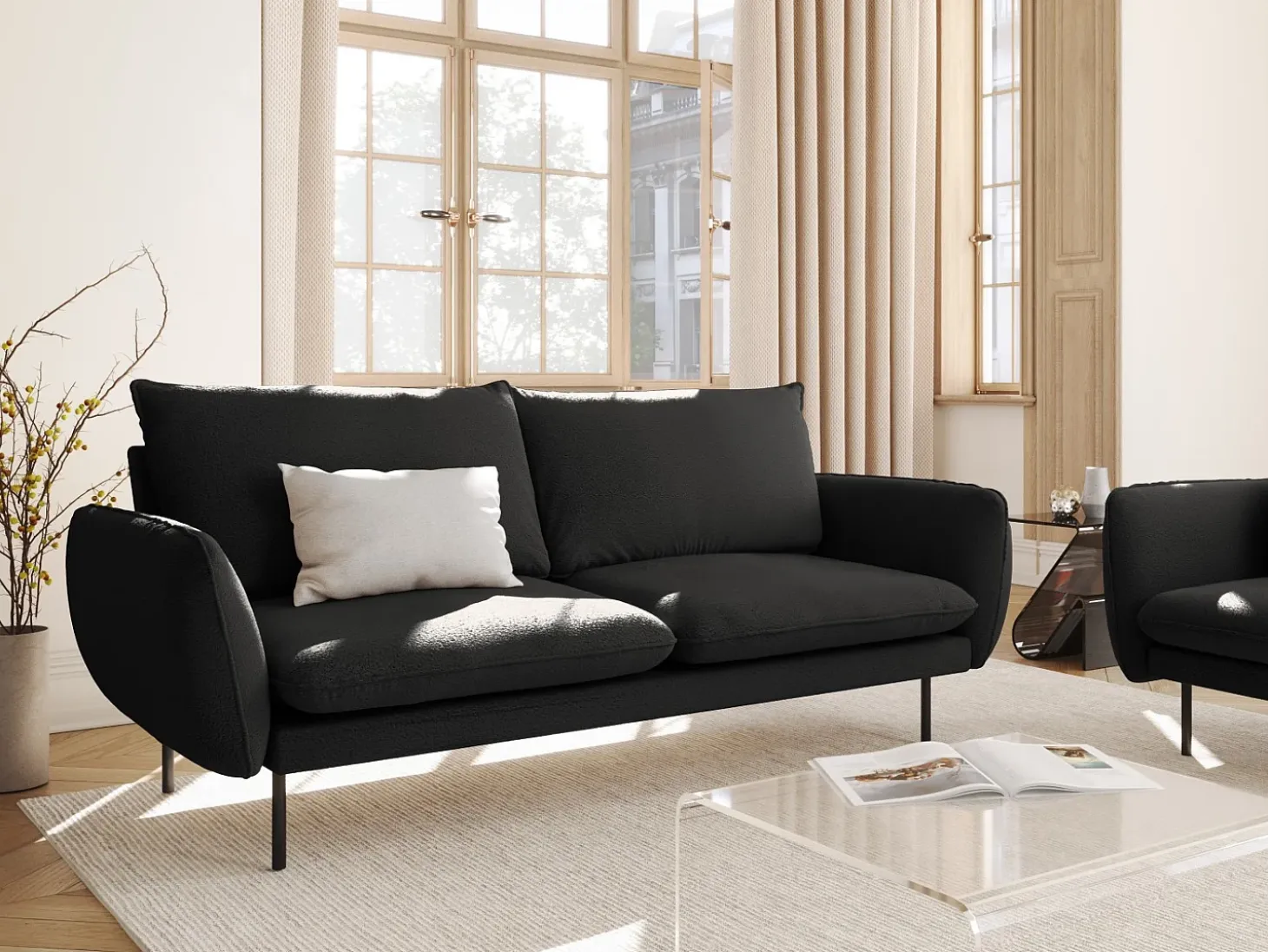 Cosmopolitan Design - Sofá "Vienna" 3 lugares em tecido bouclé preto - 200x92x95cm