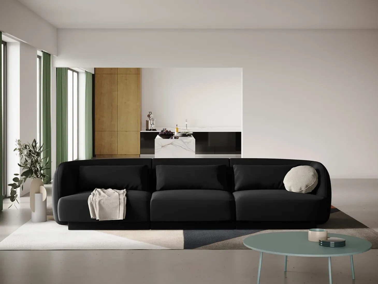 Cosmopolitan Design - Sofá "Tulum" 3 lugares em veludo preto - 255x90x70cm