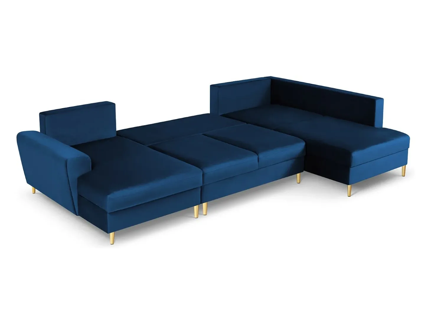 Cosmopolitan Design - Sofá panorâmico convertível em linha reta com caixa de arrumação "Kyoto" 7 lugares em veludo azul real - 313x194x88cm