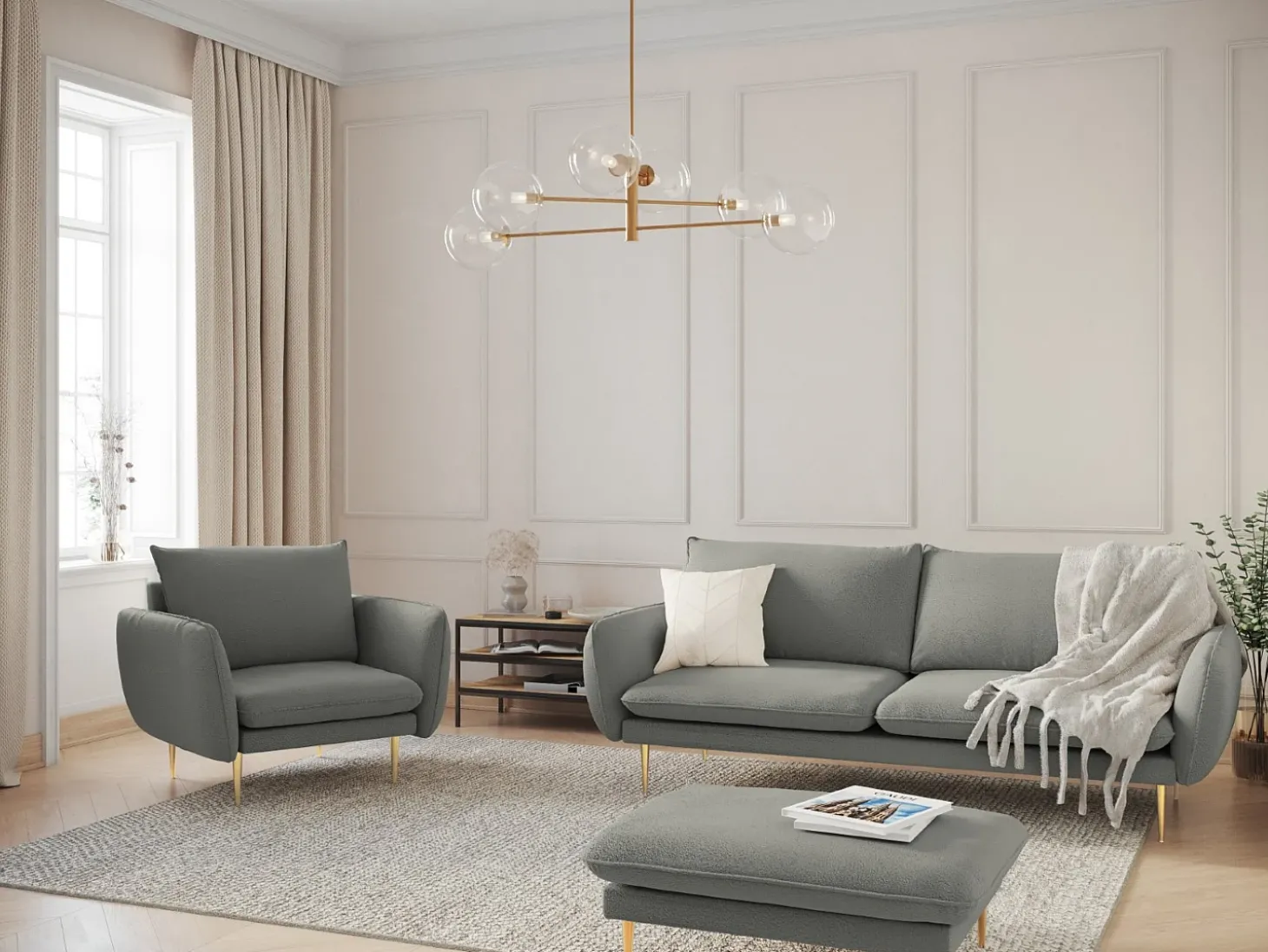 Cosmopolitan Design - Sofá "Vienna" 3 lugares em tecido bouclé cinza - 200x92x95cm