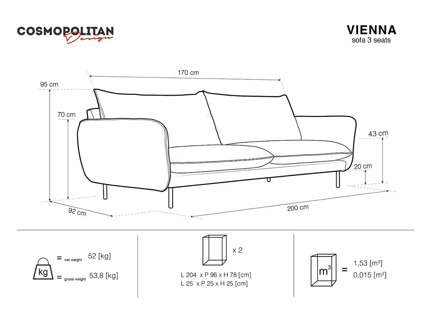 Cosmopolitan Design - Sofá "Vienna" 3 lugares em tecido bouclé cinza - 200x92x95cm