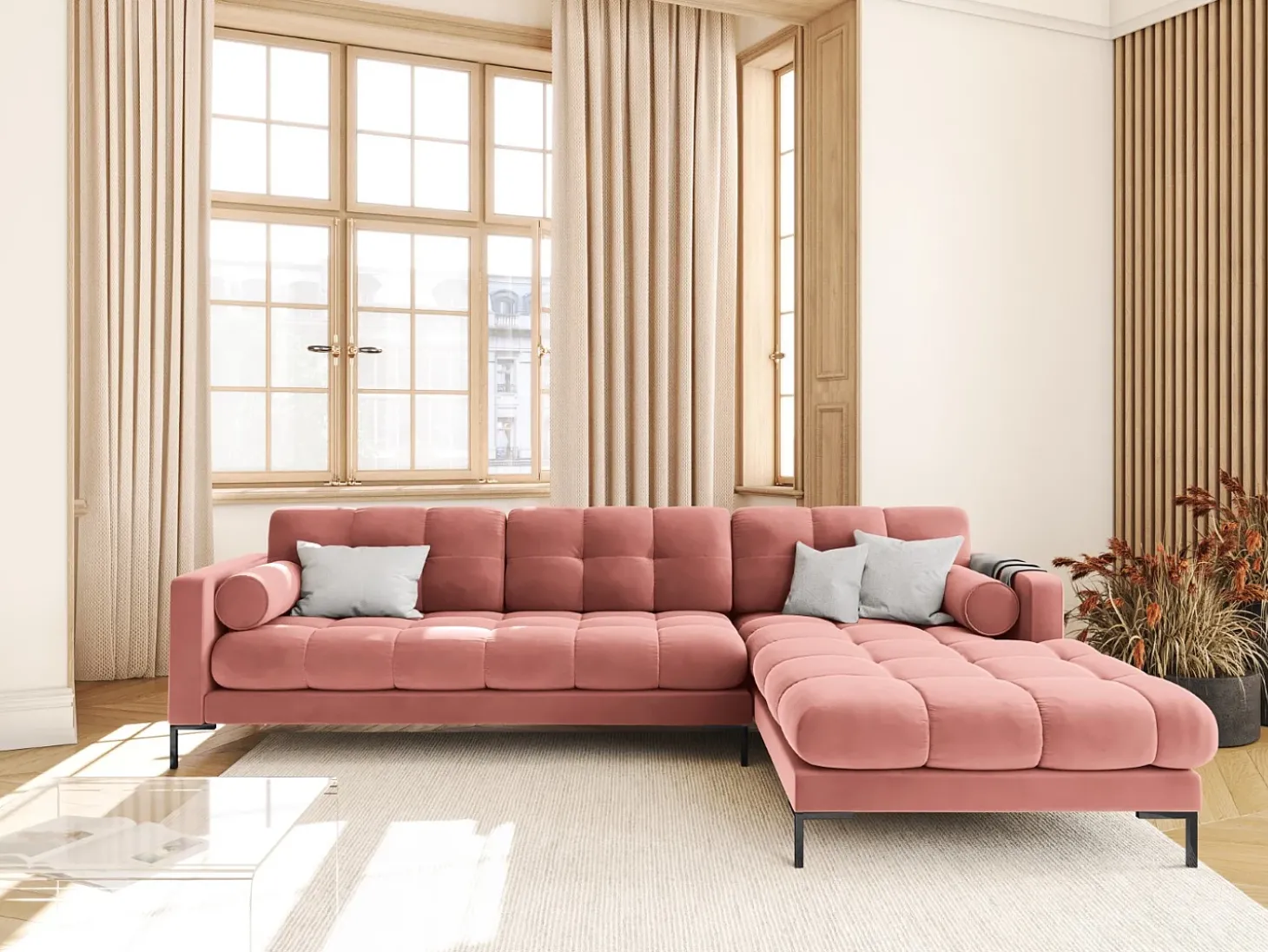 Cosmopolitan Design - Sofá de canto direito "Bali" 5 lugares em veludo rosa - 293x185x75cm