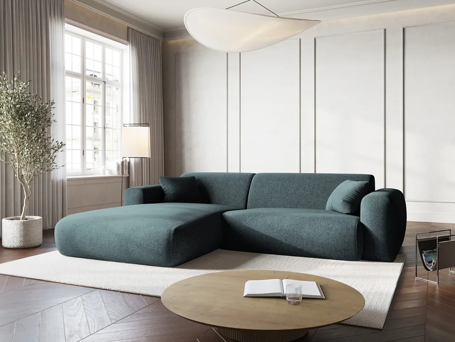 Cosmopolitan Design - Sofá de canto esquerdo "Nolio" 4 lugares em tecido chenille petróleo - 235x170x72cm