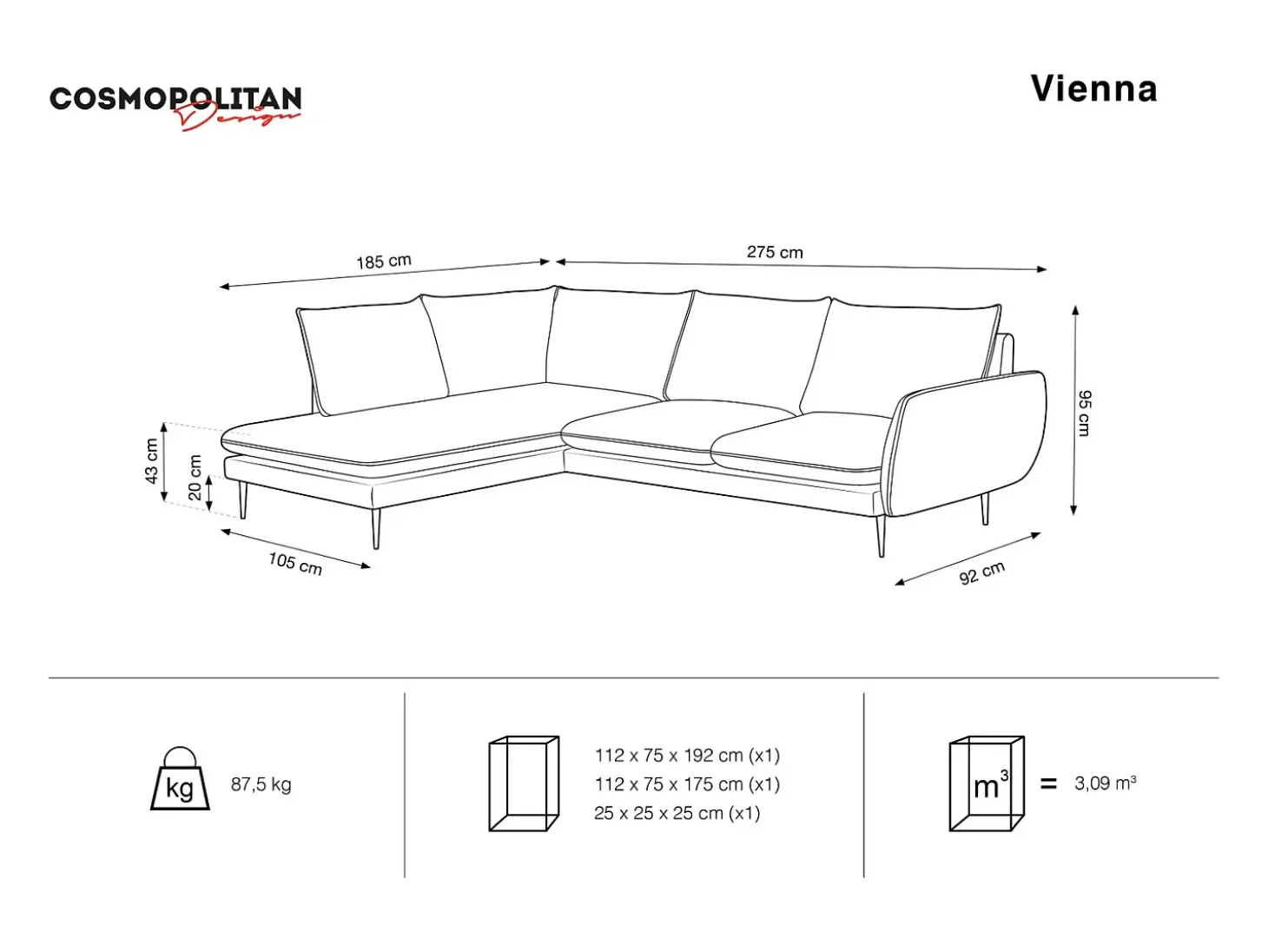 Cosmopolitan Design - Sofá de canto esquerdo "Vienna" 6 lugares em veludo cinza escuro - 275x185x95cm
