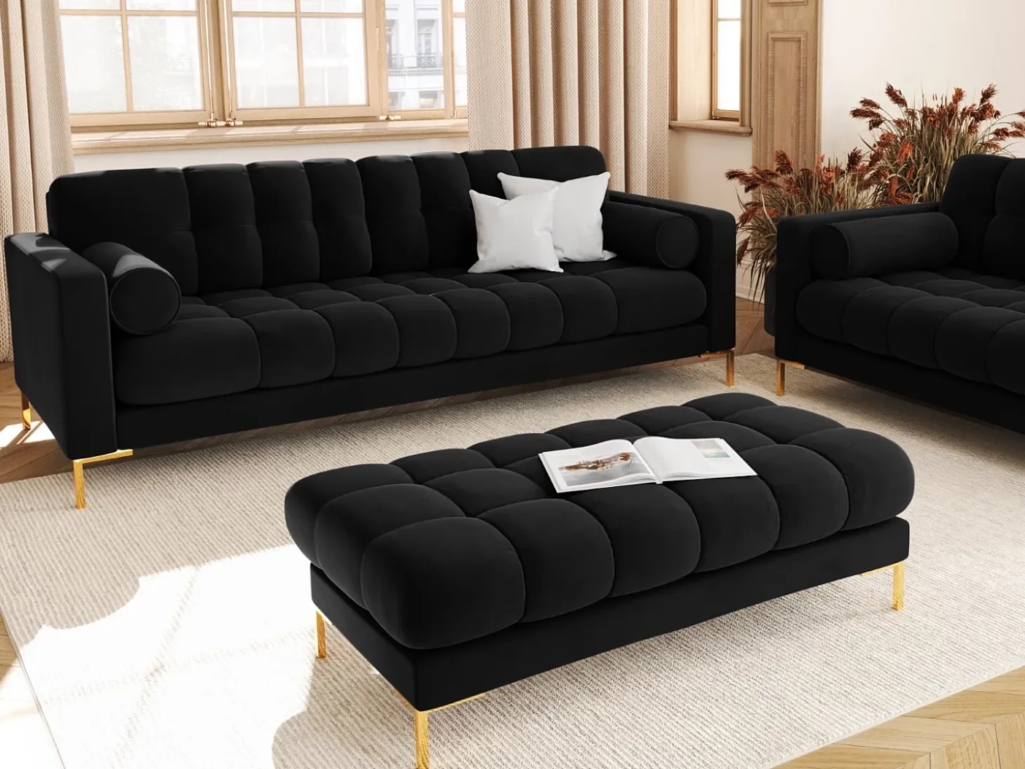 Cosmopolitan Design - Sofá "Bali" 3 lugares em veludo preto - 177x92x75cm