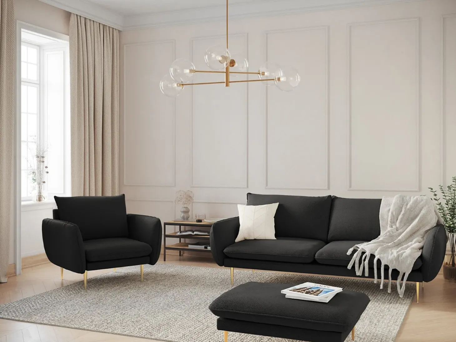 Cosmopolitan Design - Sofá "Vienna" 3 lugares em tecido bouclé preto - 200x92x95cm