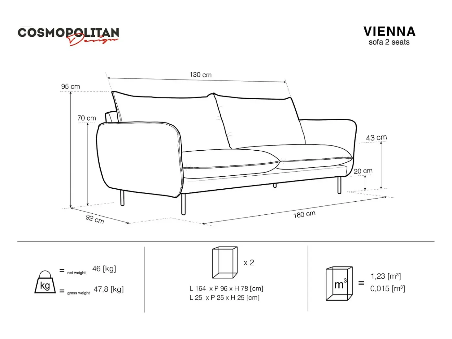 Cosmopolitan Design - Sofá "Vienna" 2 lugares em veludo azul claro - 160x92x95cm