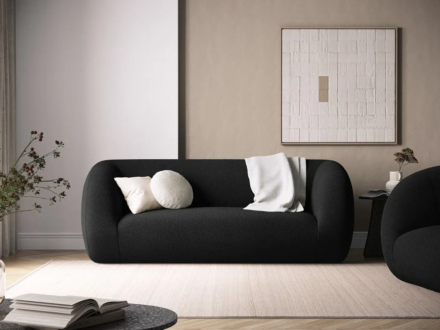 Cosmopolitan Design - Sofá "Essen" 2 lugares em tecido bouclé preto - 210x95x86cm
